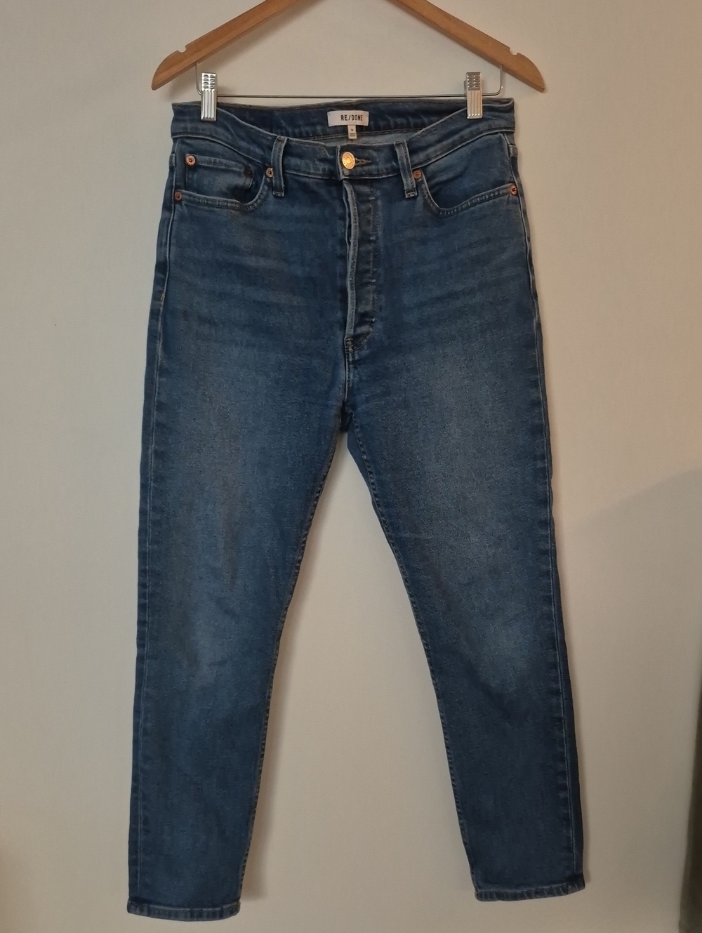 RE/DONE Salvage High Rise Straight Leg Crop Jeans Blue Wash Button Fly Size 30 - Picture 2 of 8